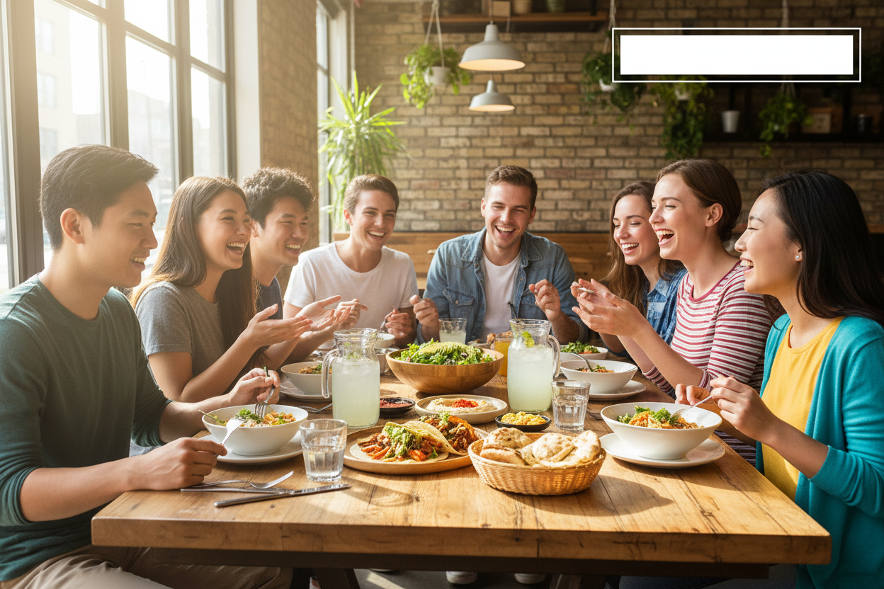 A bunch of young people having lunch, including the logo on the upper right side. 