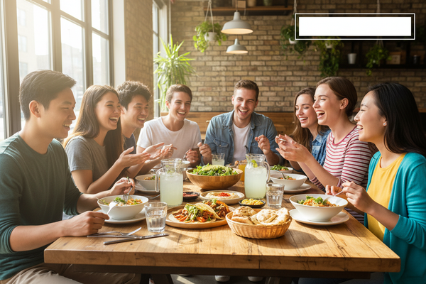 Un grupo de jóvenes almorzando, con el logo de Almuerzo.cl